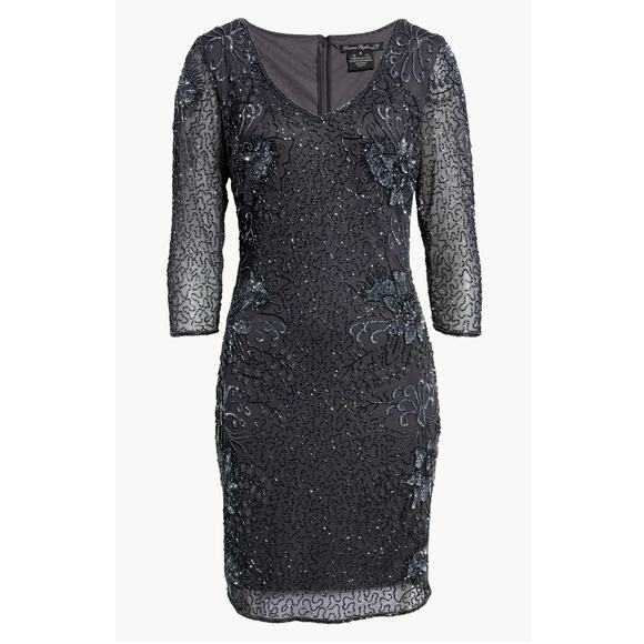 Pisarro Nights Beaded V-Neck Grey 3/4 Sleeve Cocktail Formal Dress Womens 8 - Picture 10 of 10